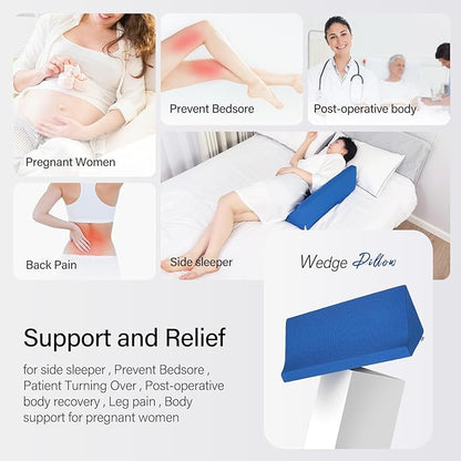 Fanwer Bed Wedge Pillow for Sleeping Body Position Wedges Back Positioning Elevation Pillows Blue Pray Case Pregnancy Bedroom Eevated Body Alignment Ankle Support Pillow Leg Bolster
