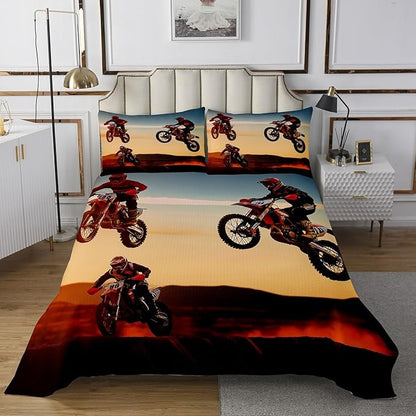 Feelyou Boys Motocross Rider Quilted Coverlet for Kids Adults Extreme Sports Theme Coverlet Set Motorcycle Pattern Bedspread Cool Dirt Bike Beding Collection Room Decor King Size