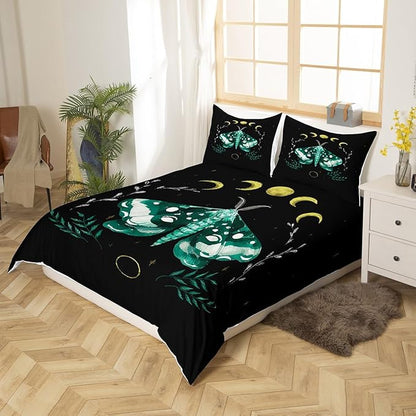 Moth Comforter Cover Queen,Leaves and Sun Moon Bedding Set 3 Pcs for Kids Teens Adults Girls Room Decor,Gothic Animals Plants Themed Duvet Cover Set Soft Black Quilt Cover with 2 Pillowcases