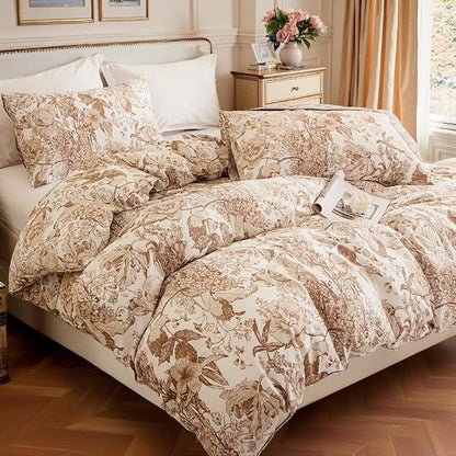 Khaki Floral Duvet Cover Queen Size 100% Cotton Vintage Botanical Duvet Cover Set 3 Pcs Soft Flower Bedding Set Breathable and Lightweight