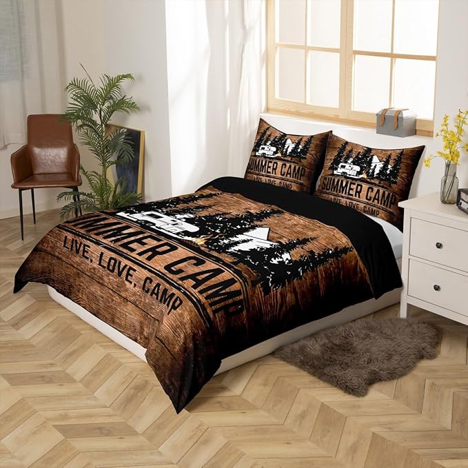 Happy Summer Camp Duvet Cover Queen for Children,Rustic Farmhouse Camping Bedding Set Room Decor Gift Comforter Cover,Retro Brown Wooden Board Quilt Cover with 2 Pillowcases, 3pcs Soft