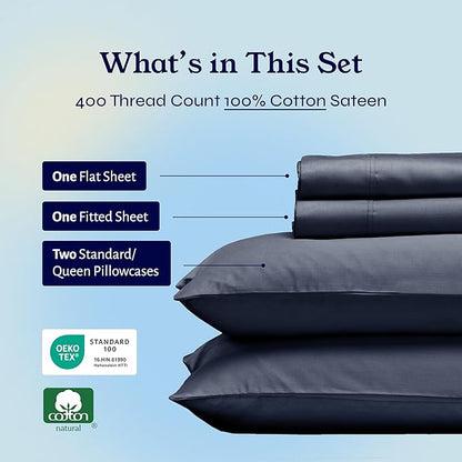California Design Den Natural 100% Cotton Sheets for Queen Size Bed - Soft 400 Thread Count Sateen, Deep Pockets with All Around Elastic for a Snug Fit, Durable Bedding - Indigo Dusty Blue