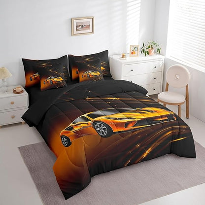 Feelyou Boys Yellow Race Car 7 Piece Bedding Set Twin Size Speed Sports Car Comforter Set with Sheets for Kids Teens Adult Fast and Furious Bed in a Bag Yellow Ombre Bed Set