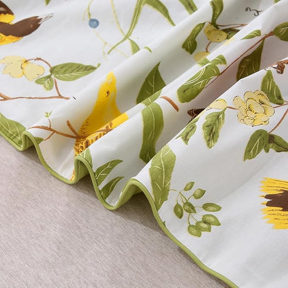 URBONUR 100% Cotton Percale Duvet Cover Set Queen Size 3 PCS Soft Breathable Botanical Bedding Set Green Leaves and Birds Printed on White Duvet Cover, Corner Ties Button Closure