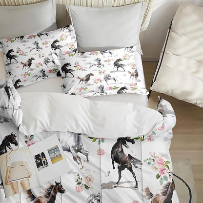 Twin Size Comforter Set with Pillowcase, Horses Soft 2 Pcs Bedding for Kids and Adults, Pink Rose Flower Comforter Set for Room Bedroom Bed Decor
