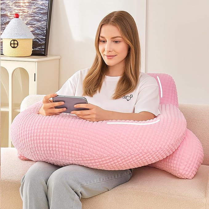 Reading Pillow for Bed,U Shaped & Back Support Pillow for Bed,19" Backrest with Lumbar & Arm Support,Comfy Flannel Fabric,Lap Pillow for Gaming/Reading/Watching TV,Pink