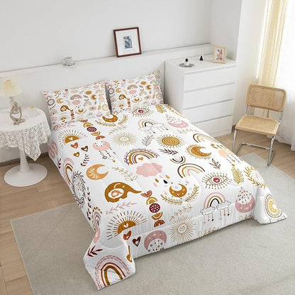 Feelyou Colorful Rainbow Comforter Set Kawaii Botanical Leaf Bedding Set for Girls Kids Room,Cute Colorful Cartoon Orange Decor Comforter Soft Quilt Room 3Pcs Queen Size Boys