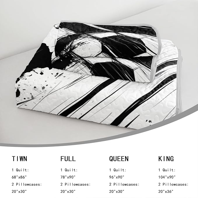AILONEN Kids Soccer Quilt Set King Size,Graffiti Football Black White Bedspread Coverlet for Boys Girls,Sports Soccer Ball Game Quilt & 2 Pillowcases,3-Piece