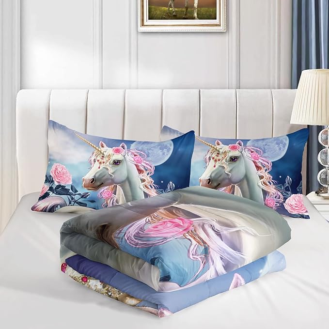 Kid Unicorn Comforter Set Queen Size 3Pcs Moon Star Rose Pattern Quilt Balloon Bedding Set for Boys Girls with 1 Comforter and 2 Pillowcases