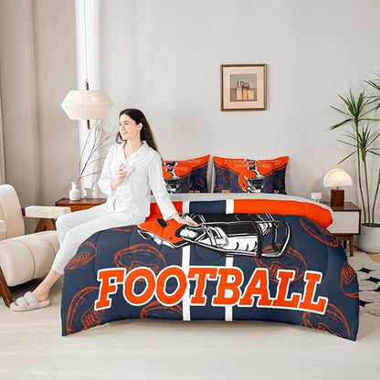 Feelyou Football Comforter Set with Sheets 7 Piece King Size Ball Games Bedding Set for Kids Boys Girls Rugby Bed in a Bag City of Footballs Room Decor Rugby Sports Soft Lightweight