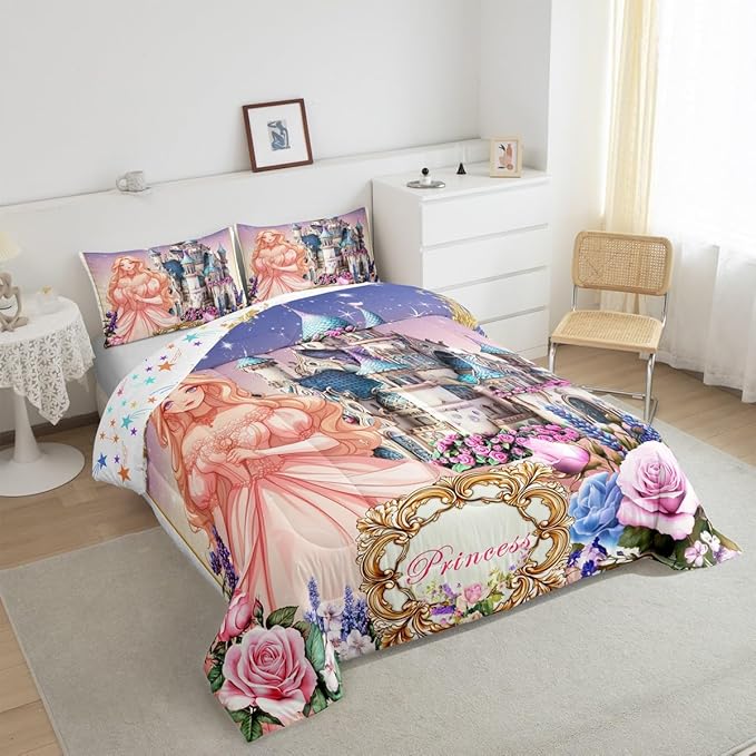 Pretty Princess Kids Comforter Set Twin Size,Dreamy Castle Cartoon Fairy Tale Reversible Bedding Set for Teens Bedroom,Colorful Floral Starry Galaxy Quilted Duvet with 1 Pillowcase