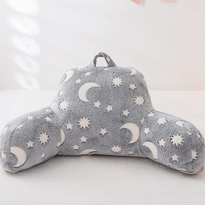 Aimuan Reading Pillow Glow in The Dark Bed Rest Wedge Kids Glow Backrest Pillow Dinosaur Print with Arms Back Support for Sitting Up in Bed Cushion, Grey