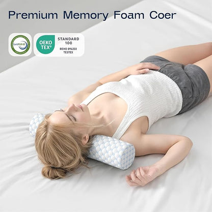 Neck Roll Pillow, Memory Foam Neck Support Pillows, Round Neck Pillows, Cylinder Bolster Pillows for Bed, Couch, and Yoga, Removable Washable Cover,18 * 4.1 * 4.1inch (Cool-Blue)