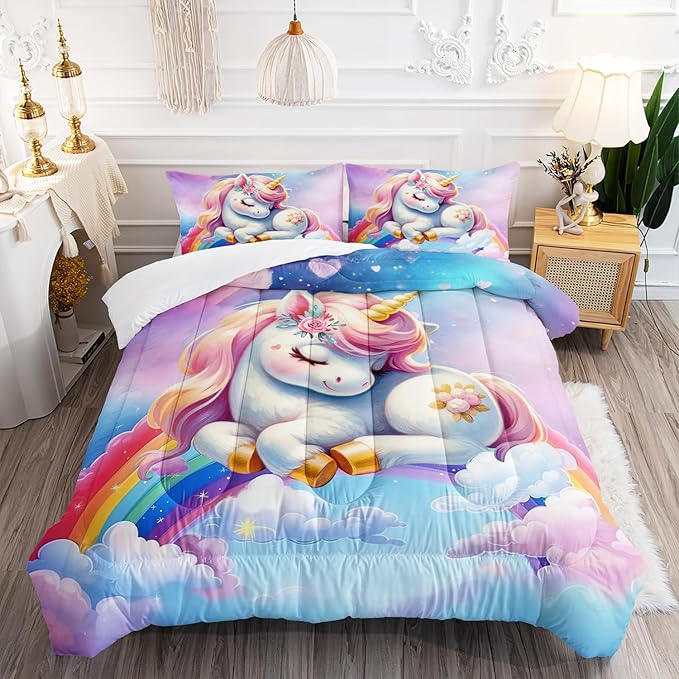 Pink Blue Unicorn Comforter 3pcs Full Kids Clouds Rainbow Flowers Quilt Boys Girls Bedding Set Cute Printed Fantasy Room Decor Bed Set with 1 Comforter and 2 Pillowcases
