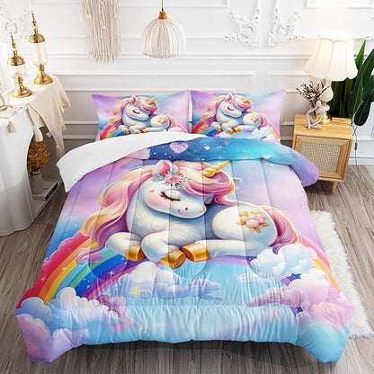 Pink Blue Unicorn Comforter 3pcs Full Kids Clouds Rainbow Flowers Quilt Boys Girls Bedding Set Cute Printed Fantasy Room Decor Bed Set with 1 Comforter and 2 Pillowcases