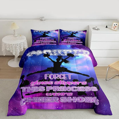 Cheerleading Quilt Set Twin,Girls Dance Gymnastics Lovers Bedding Set for Kids Teens Woman Room Decor,Purple Glitter Watercolor Comforter Set Gymnast Sports Duvet Insert 2pcs,1 Pillowcase