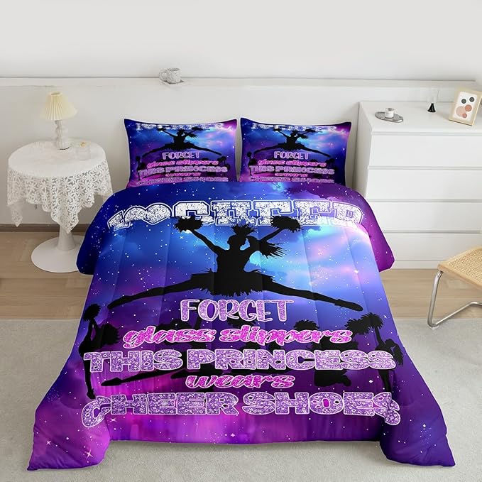 Cheerleading Bedding Set Queen,Girls Dance Gymnastics Lovers Comforter Set for Kids Teens Woman Room Decor,Purple Glitter Watercolor Quilt Set Gymnast Sports Duvet Insert 3pcs,2 Pillowcases