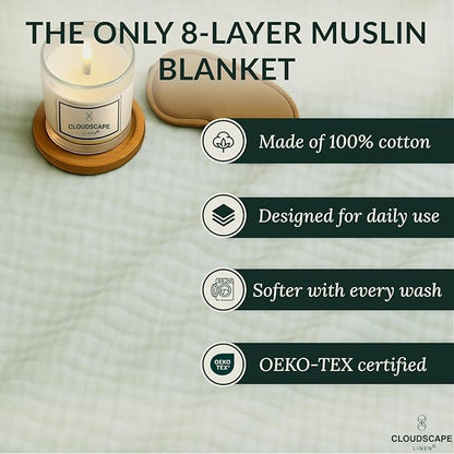 Cloud Scape Linen Extra Large 8 Layer Muslin Throw Blanket - 100% Cotton Gauze, Soft and Breathable, Winter Blanket for Couch, Sofa and Bed, Idea, 50x70, Seafoam