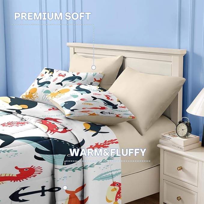 Nesker 7 Pcs Comforter Set Full Size, Whales Octopuses Seahorses Bedding for Kids Teen, Ocean Sea Animal with Fitted Sheet 2 Pillowcases & 2 Shams for Bedroom Bed Decor