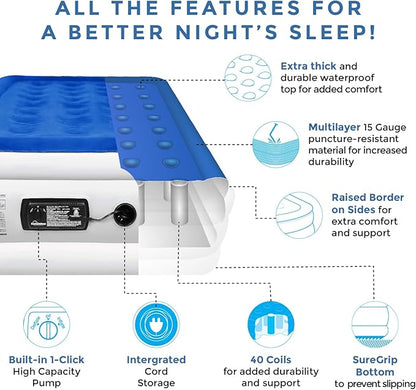SoundAsleep Products Dream Series Luxury Air Mattress, ComfortCoil Technology, Built-in High Capacity Pump for Home, Camping- Double Height, Adjustable, Inflatable Blow Up, Portable - Twin XL Size