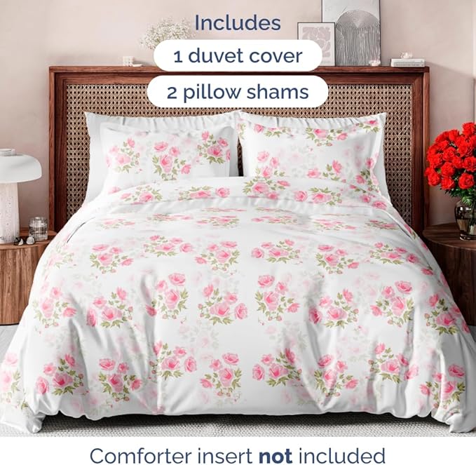 Duvet Cover King Size Set - Extra Soft Floral Duvet Cover 104 x 90 with 2 Pillow Shams - Comfy, Breathable Floral Bedding Set - Hotel Luxury Easy-Care & Fade Free with Zipper Closures & Ties - Bloom
