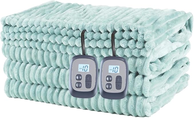 Heated Electric Blanket Queen Size 84''x90'', Dual Controller Soft Flannel with 10 Heat Settings 1-12 Hour Auto Off Large Blanket for Bed - Pale Green