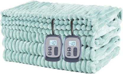 Heated Electric Blanket Queen Size 84''x90'', Dual Controller Soft Flannel with 10 Heat Settings 1-12 Hour Auto Off Large Blanket for Bed - Pale Green