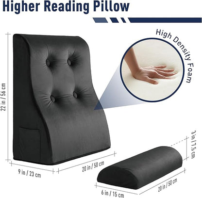 Daneey Reading Pillows for Sitting in Bed Adult Back Pillow for Sitting Up, Back Support Pillow for Bed, Foam Wedge Pillow for Neck, Lumbar, Back, Black, 20 * 9 * 22IN, Velvet