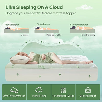 BEDLORE California King Mattress Topper Viscose Derived from Bamboo, Thick Pillow Top Mattress Pad with Stretchable Pockets for 6"-18" Mattress, Soft Mattress Topper for Back Pain Relief