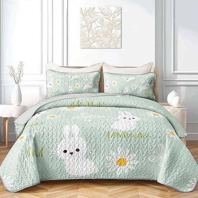 AILONEN Cartoon Rabbit Full Size,Floral Bunny Bedspread Coverlet for Kids,3Pcs Kawaii Animal Printed Green Quilt & 2 Pillowcases,Soft Lightweight