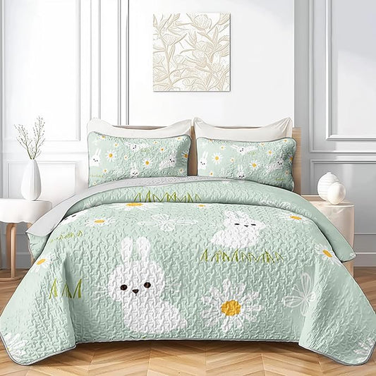 AILONEN Cartoon Rabbit Full Size,Floral Bunny Bedspread Coverlet for Kids,3Pcs Kawaii Animal Printed Green Quilt & 2 Pillowcases,Soft Lightweight