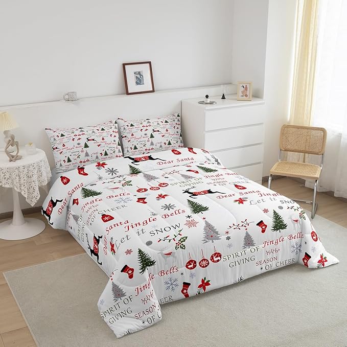 Christmas Bedding Full,Xmas Deer Reindeer Comforter Set for Kids Teens Adult,Red Green White Merry Christmas Duvet Insert,Bells Trees Snowflake Quilt Comforter with 2 Pillowcases Lightweight Warm