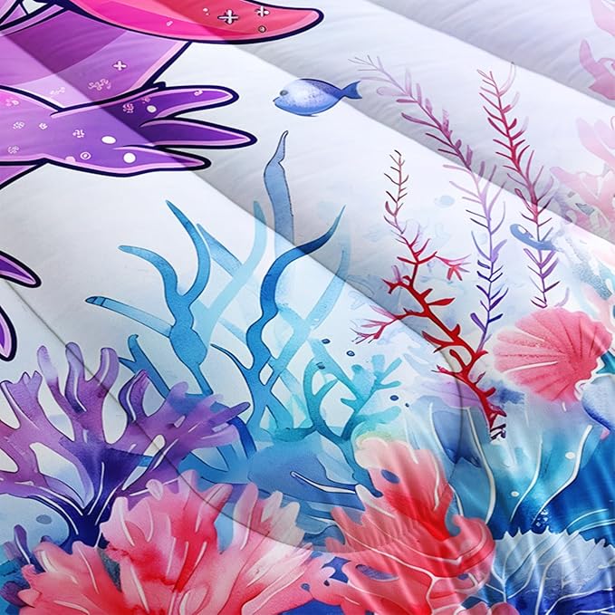Cute Axolotl Bedding Set Queen Size,Pink Axolotl Waterweed Pattern Toddler Bed Comforter Set,Kawaii Sea Life Bedding Sets for Kids Boys Girls Room Decoration with 2 Pillowcases.