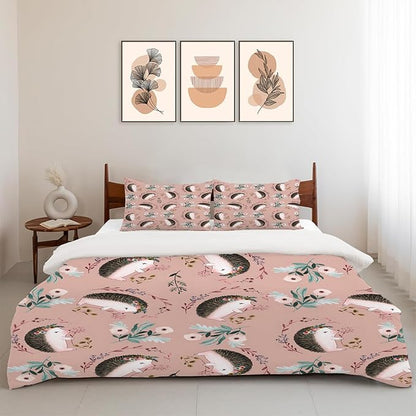 Hedgehog Theme 3 Pieces Duvet Cover Comforter Set with 2 Pillowcase King Size Hedgehog Flower Bed Sheet Quilt Bedroom Bedding for Lover Kids