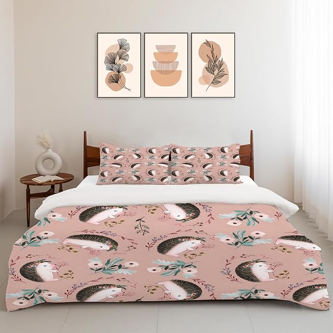 Hedgehog Theme 3 Pieces Duvet Cover Comforter Set with 2 Pillowcase Twin Size Hedgehog Flower Bed Sheet Quilt Bedroom Bedding for Lover Kids