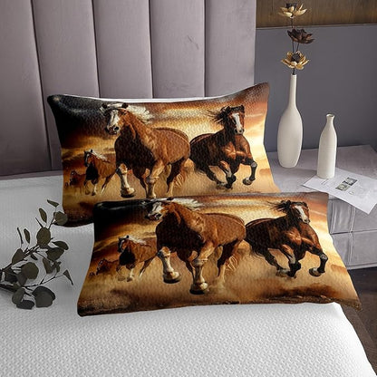Brown Horse Bed Cover Set - Wild Running Horse Pattern Design - Duvet Cover, 2 Pillowcases with Zipper Ties (King)