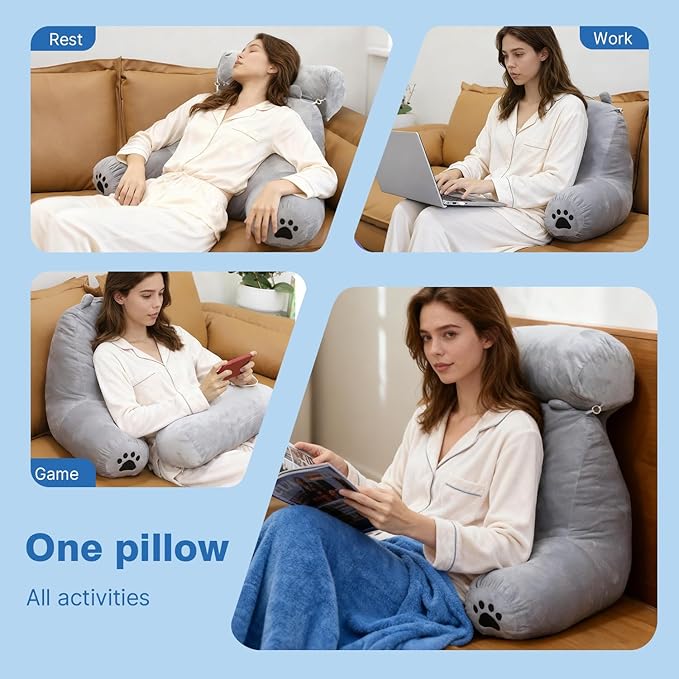 Reading Pillow Plus, Crystal Velvet Back Pillow Bed Sitting Up for Adult & Children, Back Rest Pillow Support for Reading & Rest Bed, Add Height and Removable Pillows Design, for Xmas Gift, Grey