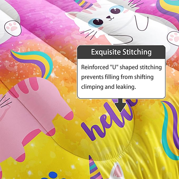 Axolotl Cat Bedding Comforter Set King,Cartoon Cat Bedding,Rainbow Gradient Printed Kids Bedding Set for Girls Adults Teens,Cute Kids Comforter All Season,1 Quilt 2 Pillow Cases,Colorful Pink Blue