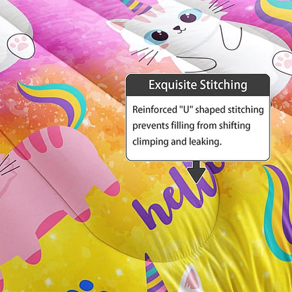 Axolotl Cat Bedding Comforter Set King,Cartoon Cat Bedding,Rainbow Gradient Printed Kids Bedding Set for Girls Adults Teens,Cute Kids Comforter All Season,1 Quilt 2 Pillow Cases,Colorful Pink Blue
