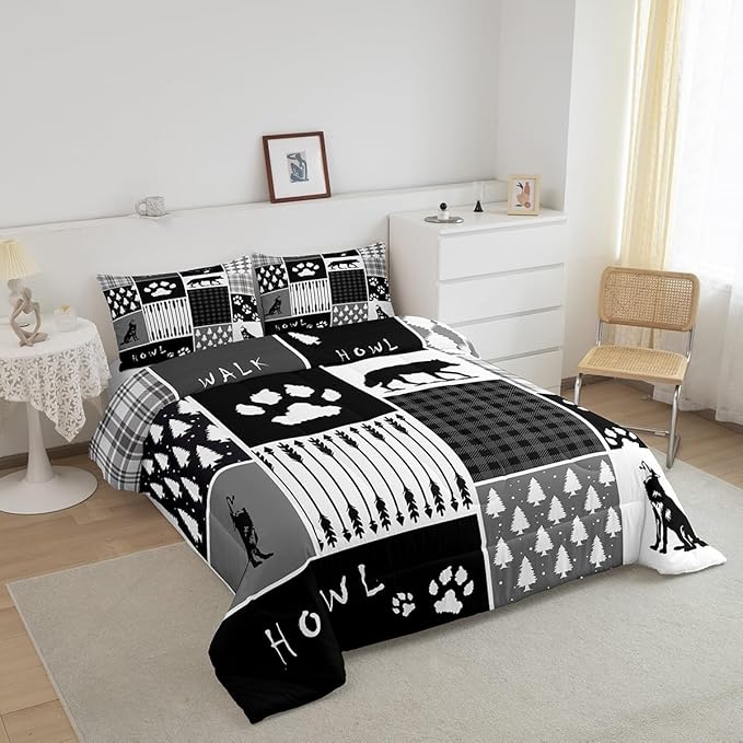 Feelyou Rustic Comforter Set Full Size Hunting Adventure Comforter for Boys Girls Teens Wildlife Arrows Bedding Set Woodland Wolf Duvet Set Room Decor Wolf Paws Print Quilt Set