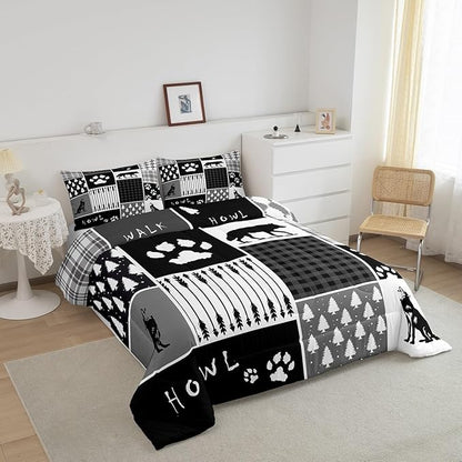 Feelyou Rustic Comforter Set Toddler Size Hunting Adventure Comforter for Boys Girls Teens Wildlife Arrows Bedding Set Woodland Wolf Duvet Set Room Decor Wolf Paws Print Quilt Set
