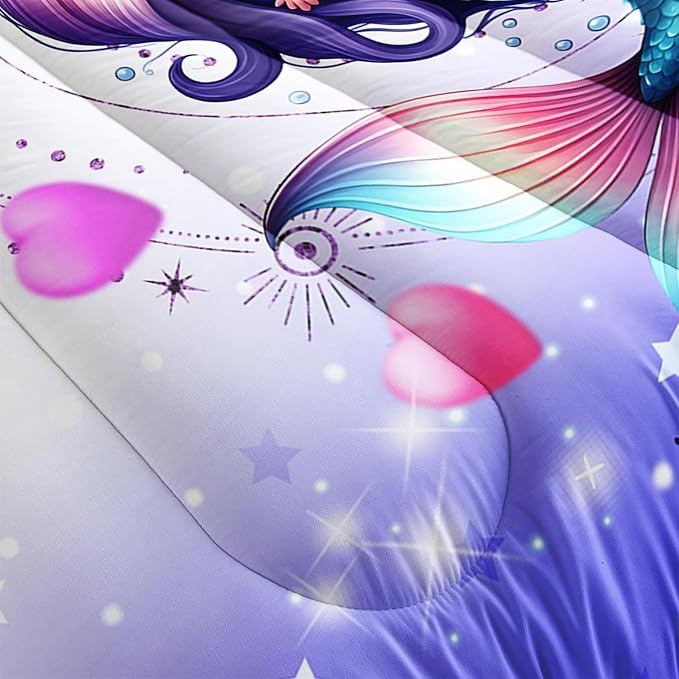 Cute Mermaid Pattern Full Comforter Set,Star Jellyfish Ocean Themed Bedding Sets for Kids Toddlers Girls Boys Room Decor,Princess Bedding with 2 Pillowcases.