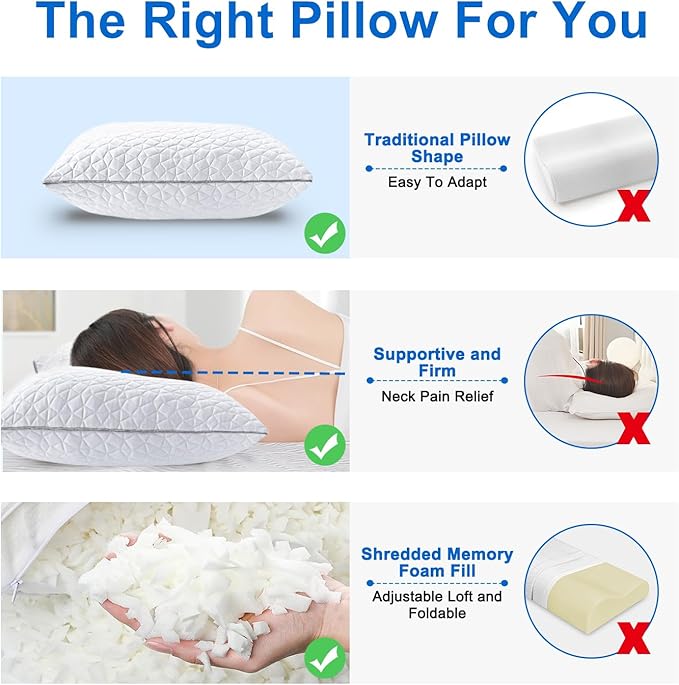 Cooling Pillows Standard Size Set of 2, Shredded Memory Foam Pillows, Adjustable Firm Bed Pillows Cool Cold Pillow for Hot Side Back Stomach Sleepers with Removable Washable Cover, 20" x 26", White