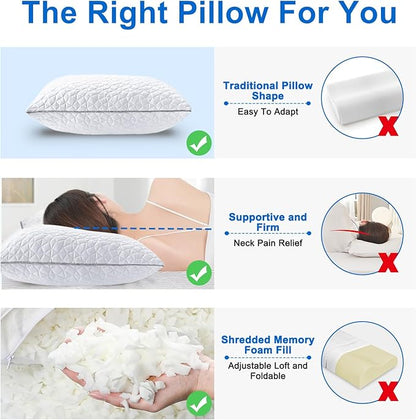 Cooling Pillows King Size Set of 4, Shredded Memory Foam Pillows, Adjustable Firm Bed Pillows Cool Cold Pillow for Hot Side Back Stomach Sleepers with Removable Washable Cover, 20" x 36", White