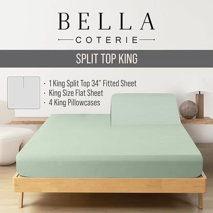 Bella Coterie 6 Piece Luxury Bamboo Viscose Split Top King Size Sheet Set | 34" Split for Adjustable Beds | 100% Organically Grown| Cooling | 18” Deep Pocket | 4 Pillowcases [Sea Glass]