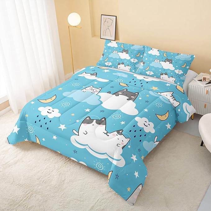 QOOMO Cat Comforter Queen Size, Blue Cloud Cats 3Pcs Bedding Set with 2 Pillowcases, Down Alternative, Soft and Lightweight