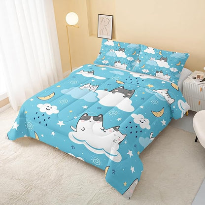 QOOMO Cat Comforter Queen Size, Blue Cloud Cats 3Pcs Bedding Set with 2 Pillowcases, Down Alternative, Soft and Lightweight