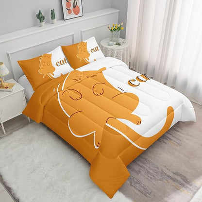 Orange Cat Comforter Set Cartoon Animal Printed Bedding Set with 1 Comforter and 2 Pillowcases for Boys and Girls Bedroom All Season(Cat Twin)