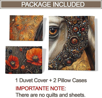 Horse Duvet Cover Queen Size, Ancient Warhorses Bedding Set 3 Piece Bedroom Decor Red Poppy and Horse Comforter Cover and 2 Pillow Sham with Zipper Closure