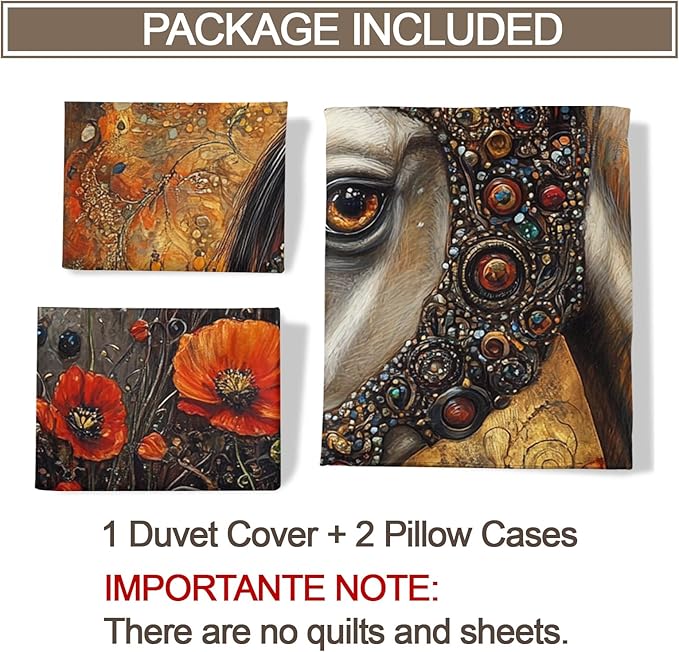 Horse Duvet Cover Twin Size, Ancient Warhorses Bedding Set 2 Piece Kids and Adults Red Poppy and Horse Comforter Cover and 1 Pillow Sham with Zipper Closure